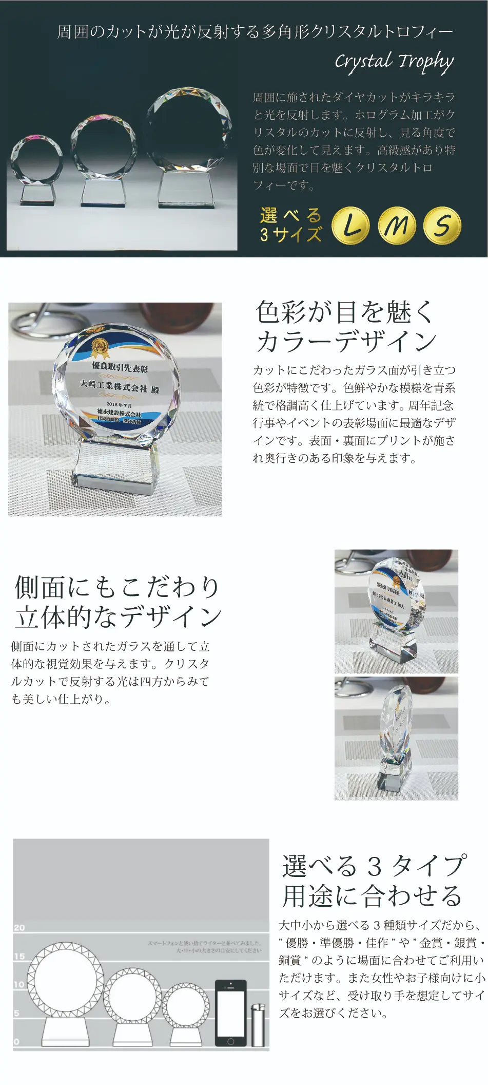 周囲のカットが光が反射する多角形クリスタルトロフィー