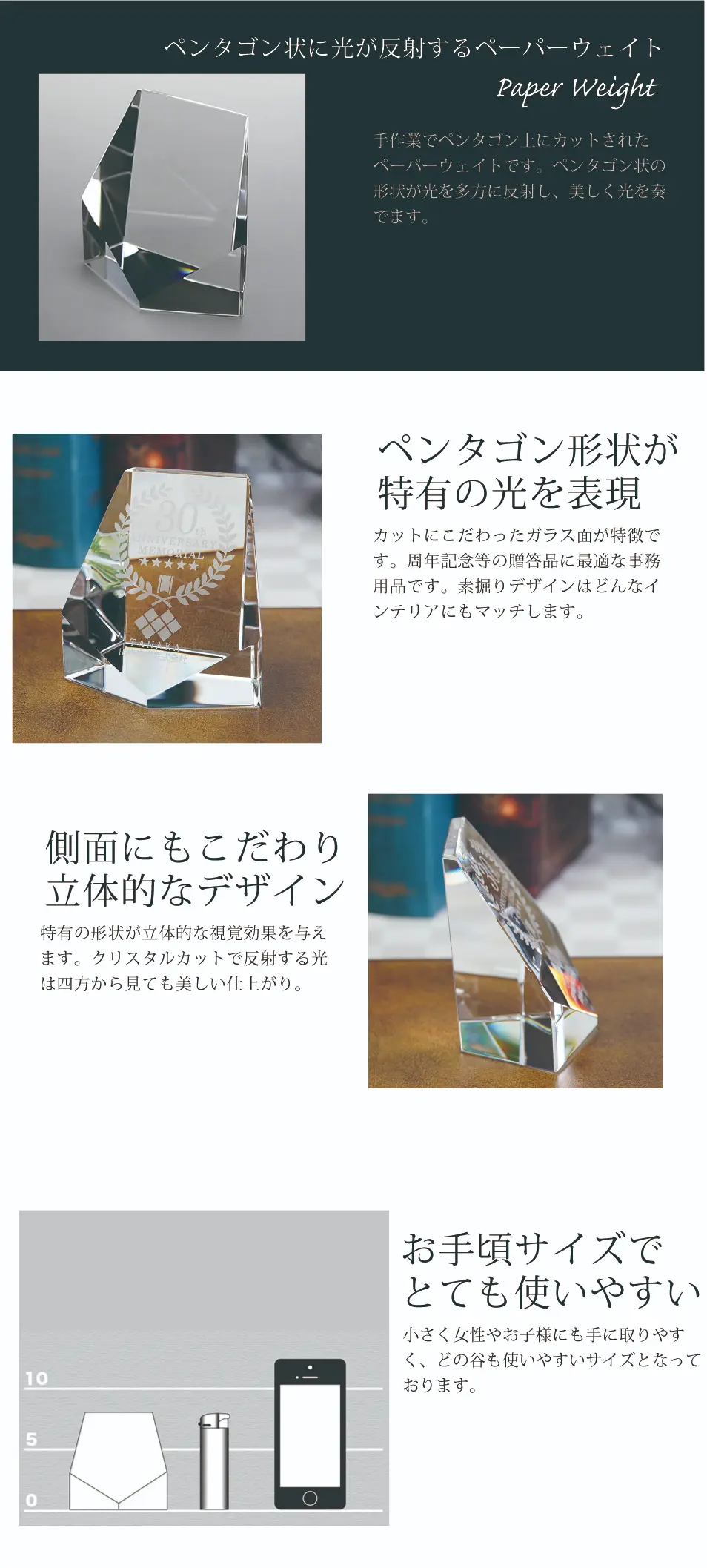 ペンタゴン状に光が反射するペーパーウェイト。ペンタゴン形状が特有の光を表現。側面にもこだわり。立体的なデザイン。お手頃サイズでとても使いやすい。